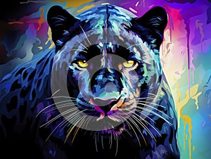 Head of the black panther, graphic illustration with dynamic splash background. Wild angry predator. An aggressive feline animal.
