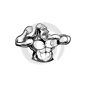 Head,Black and white illustration of gorilla bodybuilder.