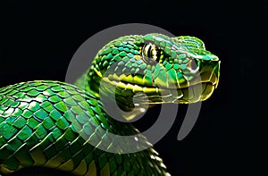 The head and body of a snake with a beautiful green skin texture on a black background