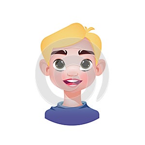 The head of a boy with blond hair and green eyes. Cute kids avatar, portrait of male kids on white background, vector cartoon