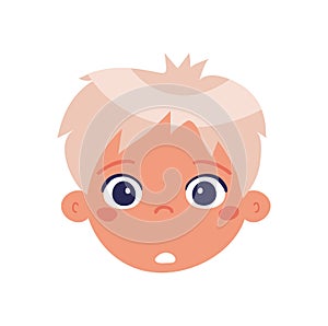 The head of a boy with the emotion of surprise. The face of a confused child. Flat vector cartoon design isolated on