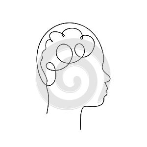 Head with brain continuous one line drawing, Asian non-binary face in profile Mental health concept, Vector graphics minimalist