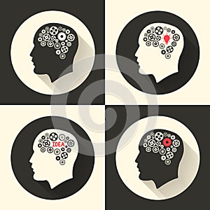 Head with brain and idea lamp bulb pictograph. Male human think symbols. Vector illustration.