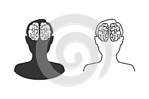 Head with brain vector line icon set in flat