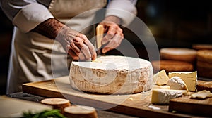 A head of brie cheese in man\'s cheesemaker hands. delicious dairy products. cheese camembert on wooden plank