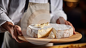 A head of brie cheese in man\'s cheesemaker hands. delicious dairy products. cheese camembert on wooden plank