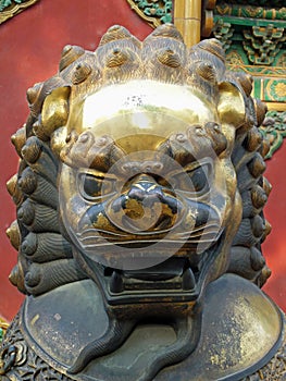 Head of a bronze gilded sculpture of a guardian lion at the entrance to the building, Forbidden City, Beijing