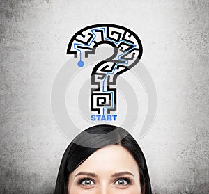 A head of brunette lady who is thinking about problem solving. A question mark as a maze.