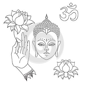 Head of Buddha. Om sign. Hand drawn Buddha hand with lotus flower. Isolated icons of Mudra. Beautiful detailed, serene. Vintage de