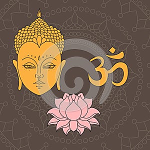 Head of Buddha. Om sign. Hand drawn lotus flower. Isolated icons of Mudra. Beautiful detailed, serene. Vintage decorative elements