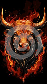 Head of bull, in fire, on a black background, cartoon, drawing style