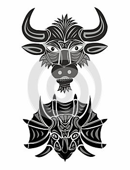 Head of a bull and triceratops in black and white