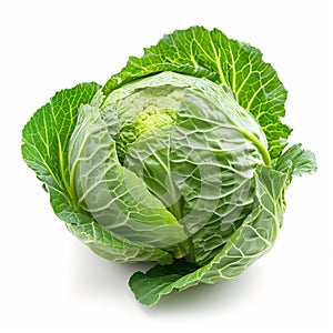 Head of Cabbage Isolated on a White Background, Transparent Food Culinary Object, Organic Vegetables, Raw Leafy Green Veggies