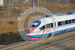 The head car of the moving high-speed train EVS1-13 Sapsan