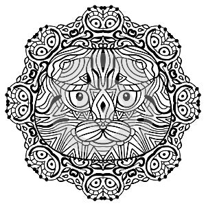 The head of a cat breed Scottish fold with a circular pattern. Coloring book for adults