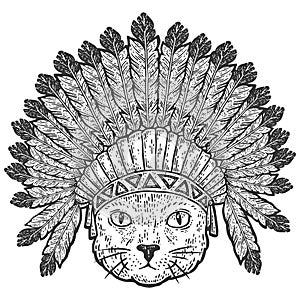 Head of cat with feathers, war bonnets. Engraving raster illustration.