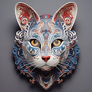 The head of a cat made of plaster decorated with patterns, AI