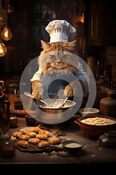 Head chef cat cooking a meal in the kitchen. AI Generative