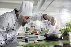 Head chef seasoning gourmet dish in pan while cooking fine dining food served at dinner service in restaurant.