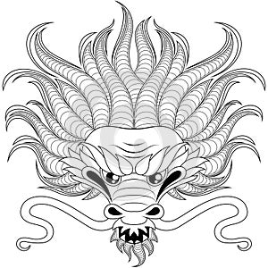 Head of chinese dragon in zentangle style for tatoo. Adult antistress coloring page. Black and white hand drawn doodle for colorin photo