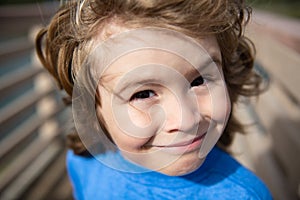 Head close up. Close up head shot of child. Kids face, little boy portrait.