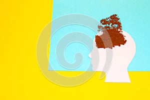 head with coffee powder scattered above her on a blue-yellow background, coffee time, vocations