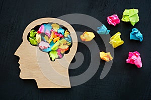 Head with colored paper balls as a symbol of positivity and wellbeing.