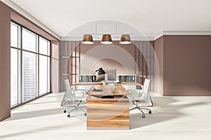Head of company`s office interior with table and desktop computer, shelf with folders, white armchairs