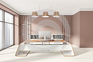 Head of company`s office interior with table and desktop computer, shelf with folders, white armchairs