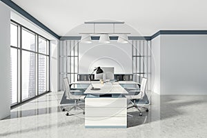 Head of company`s office interior with table and desktop computer, shelf with folders, white armchairs