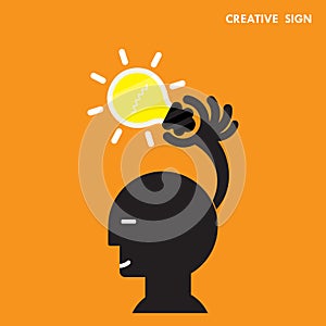 Head and Creative bulb light idea,flat design.Concept of ideas i