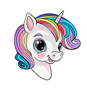 Head of cute baby unicorn with smile and big eyes, magical fairy pony with rainbow mane, flat cartoon vector