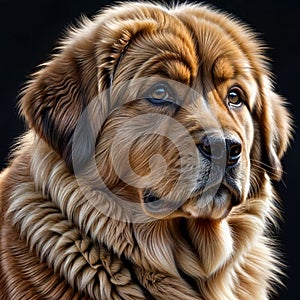 Head of a cute fluffy red Tibetan mastif