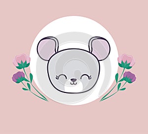 head of cute mouse in frame circular with flowers