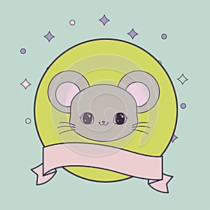 head of cute mouse in frame circular with ribbon