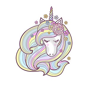 Head of a cute unicorn with a rainbow mane. Children`s design. Vector