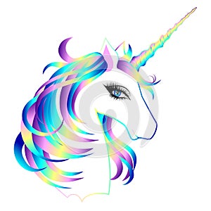 Head of cute white unicorn with rainbow mane