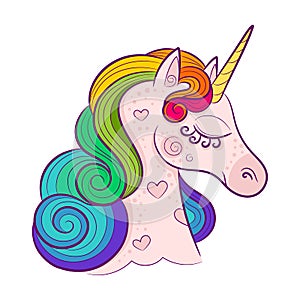 Head of cute white unicorn with rainbow mane isolated on white background