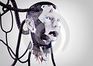 The head of a cyborg with wires on a gray background.