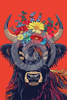 Head of dark Scottish Highland Cow with horns and flowers on head on bright red background