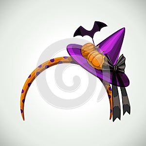 Head decor with pumpkins, bat and witch hat. Vector illustration.