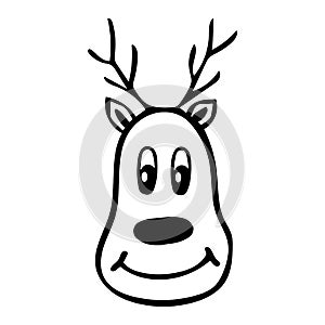 Head of deer Rudolf smiling, isolated simple hand drawn vector illustration in doodle style