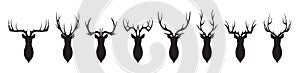 Head of deer silhouettes vector. Deer antlers vector set. Silhouette of the horns of a wild elk, roe deer on a white
