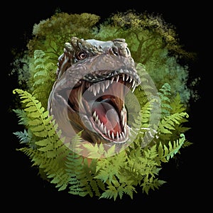 The head of a dinosaur peeps out of the ferns photo