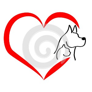 Head of dog and cat with heart on white background