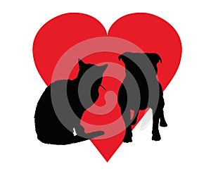 Head of dog and cat with heart on white background Ðš