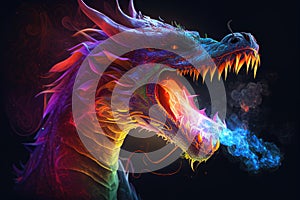 Head of a dragon breathing fire over black background - AI Generated