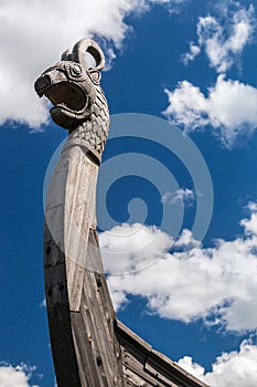 Head of a dragon on the front of the Viking ship Drakkar