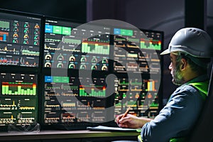 Head engineer following the factory process using Industry 4.0. Facility operator control production uses computer screens with
