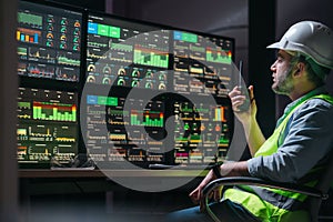 Head engineer following the factory process using Industry 4.0. Facility operator control production uses computer screens with